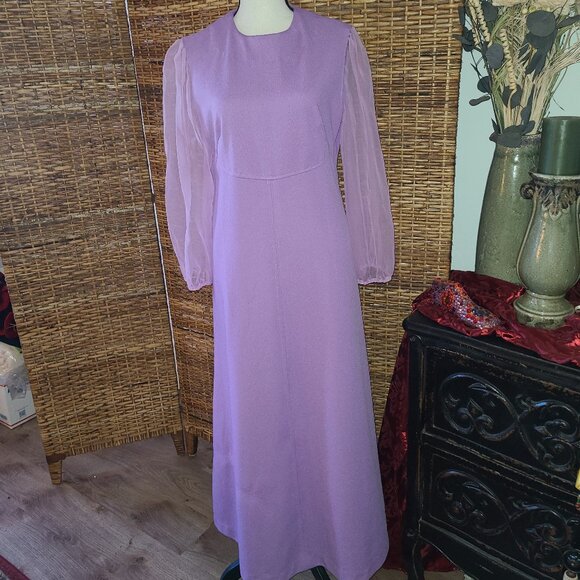 Vintage Hand Made Maxi Dress Lilac Sheer Puffy Sleeve Zipper Back - Picture 1 of 5